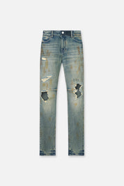 RTA Bryant Skinny Jean Indigo Rust - Flat Lay Front View, Distressed Denim with Cross Embroidery | RTA