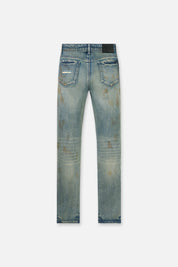 RTA Bryant Skinny Jean Indigo Rust - Flat Lay Back View, Leather Patch and Rust Wash Detail | RTA