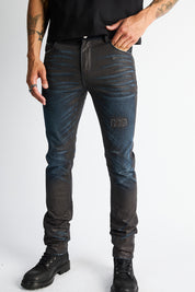 Clayton Skinny Jean Ocean Dusk - Front Close-Up, Wax Coat and RTA Logo Detail | RTA