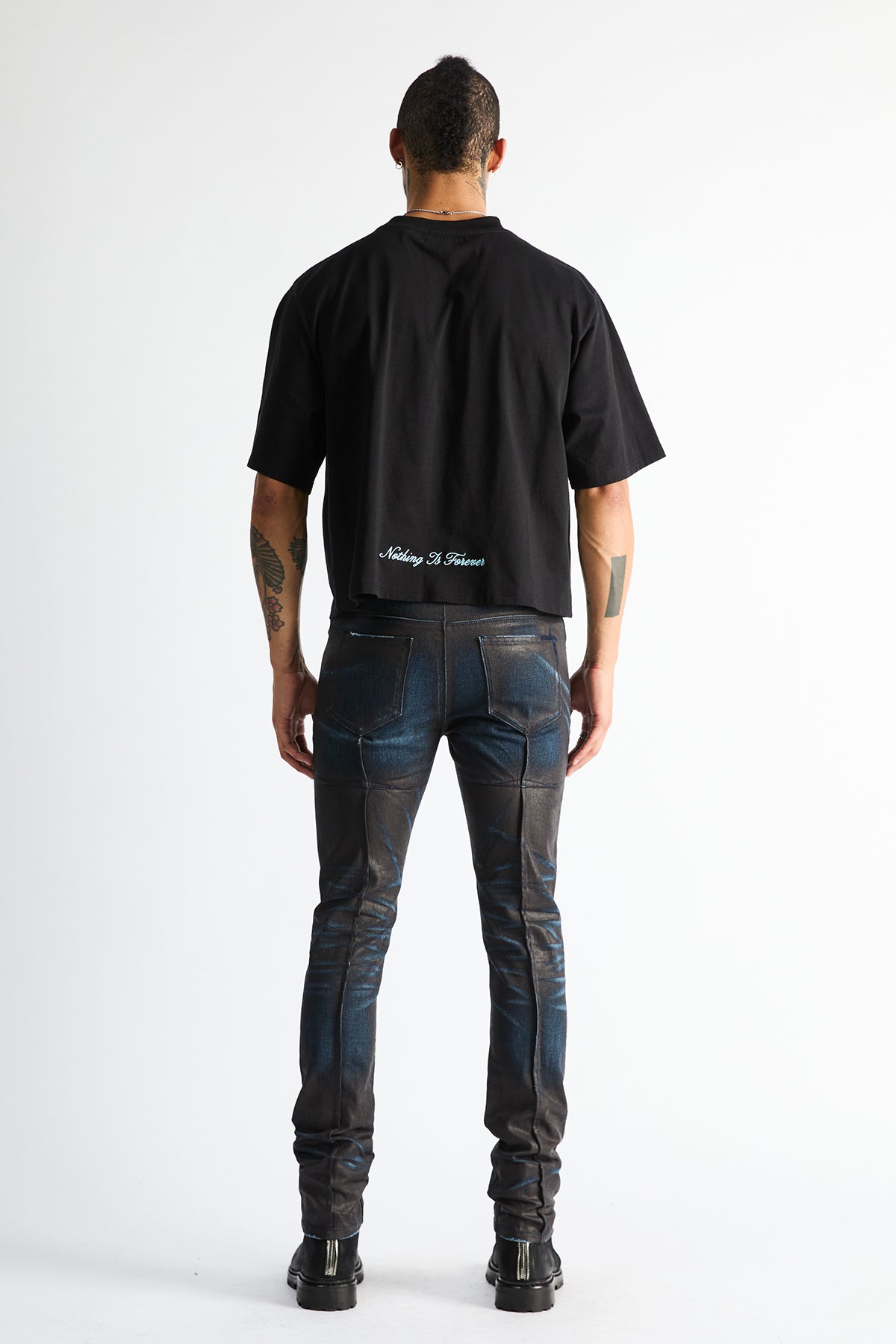 Clayton Skinny Jean Ocean Dusk - On Model Back View, Wax Coated Skinny Jeans | RTA