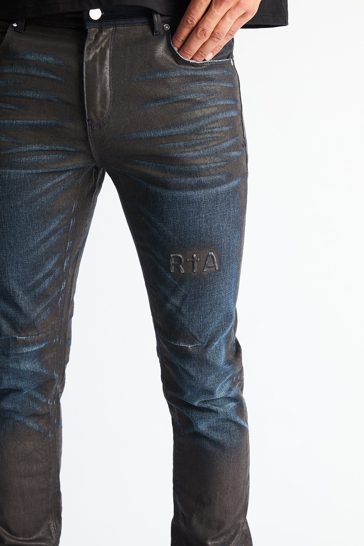 Clayton Skinny Jean Ocean Dusk - Waist and Thigh Detail, Wax Coat Finish | RTA