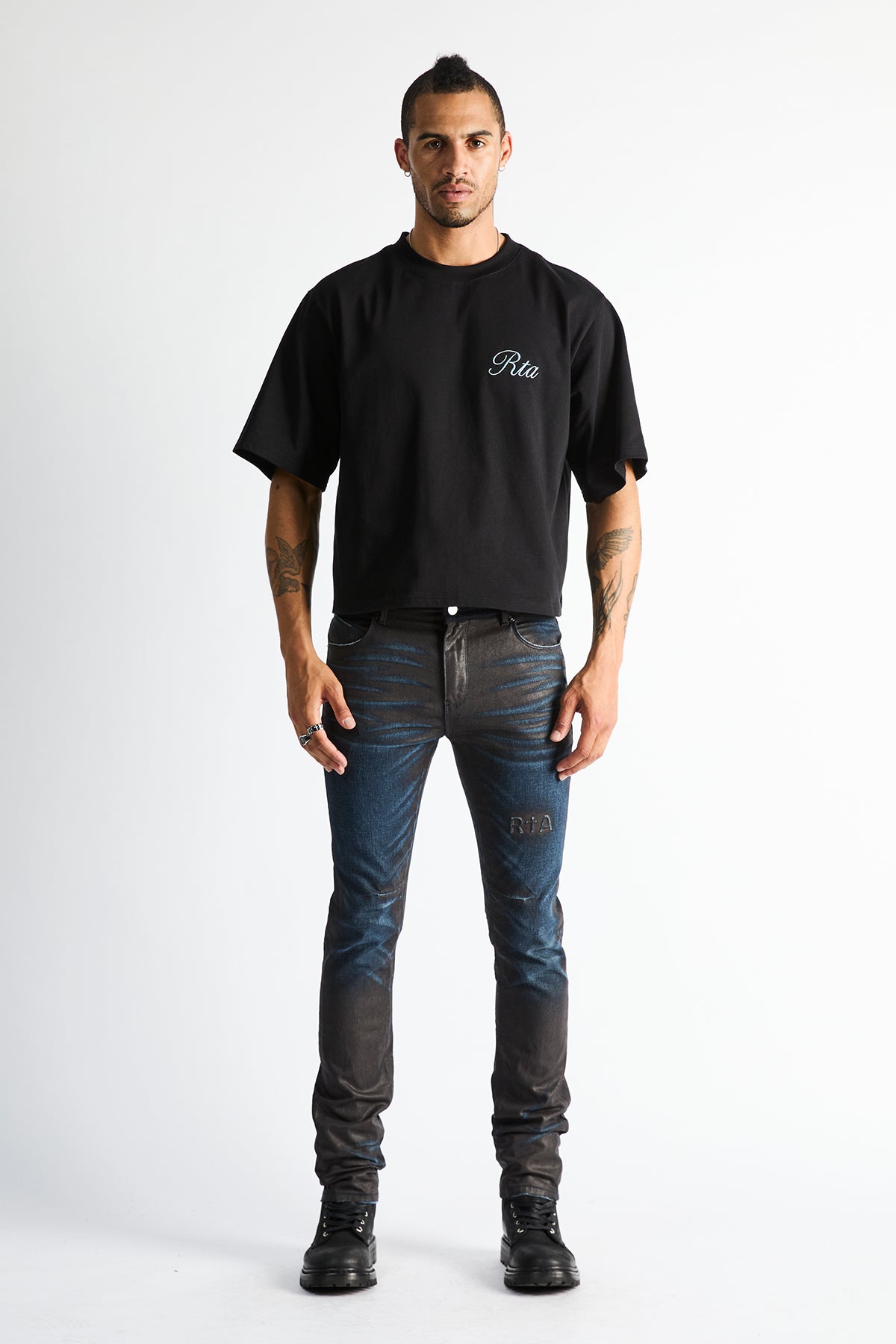 Clayton Skinny Jean Ocean Dusk - On Model Front View, Wax Coated Denim | RTA