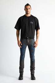 Clayton Skinny Jean Ocean Dusk - On Model Front View, Wax Coated Denim | RTA