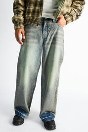 Franco Wide Leg Jean Indigo Jade - Waist Close-Up Detail, Faded Wash Wide Leg Streetwear Denim | RTA