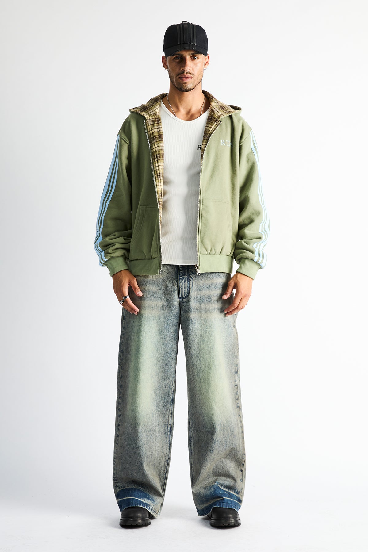 Franco Wide Leg Jean Indigo Jade - On Model Front View, Premium Streetwear Wide Leg Denim | RTA