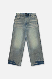 Franco Wide Leg Jean Indigo Jade - Front Flat Lay, Faded Vintage Wash with RTA Logo Detailing | RTA