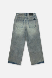 Franco Wide Leg Jean Indigo Jade - Back Flat Lay, Signature Cross Detail and Leather Patch | RTA