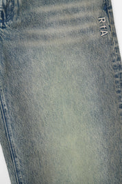 Franco Wide Leg Jean Indigo Jade - RTA Logo Embroidery Close-Up, Faded Indigo Denim Fabric Detail | RTA