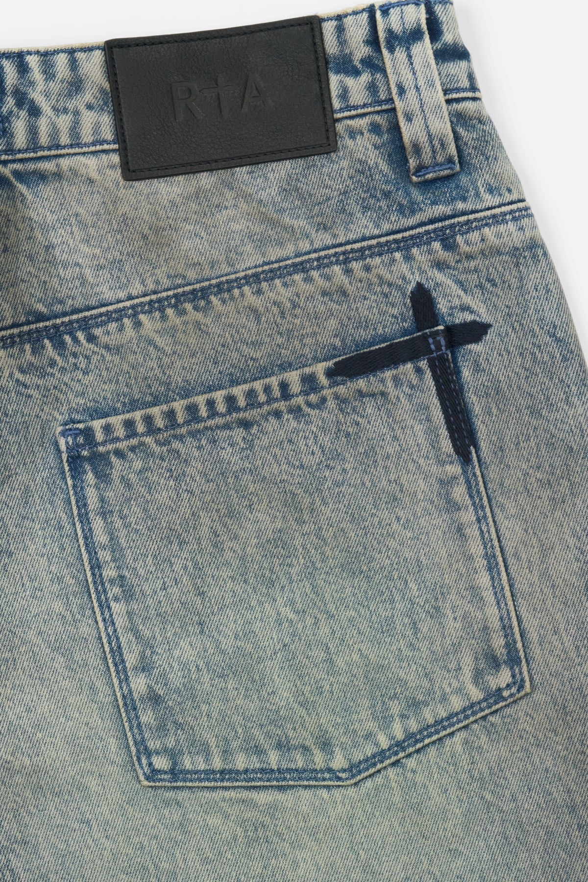 Franco Wide Leg Jean Indigo Jade - Signature Cross Motif and Leather Patch Back Pocket Detail | RTA
