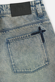 Franco Wide Leg Jean Indigo Jade - Signature Cross Motif and Leather Patch Back Pocket Detail | RTA
