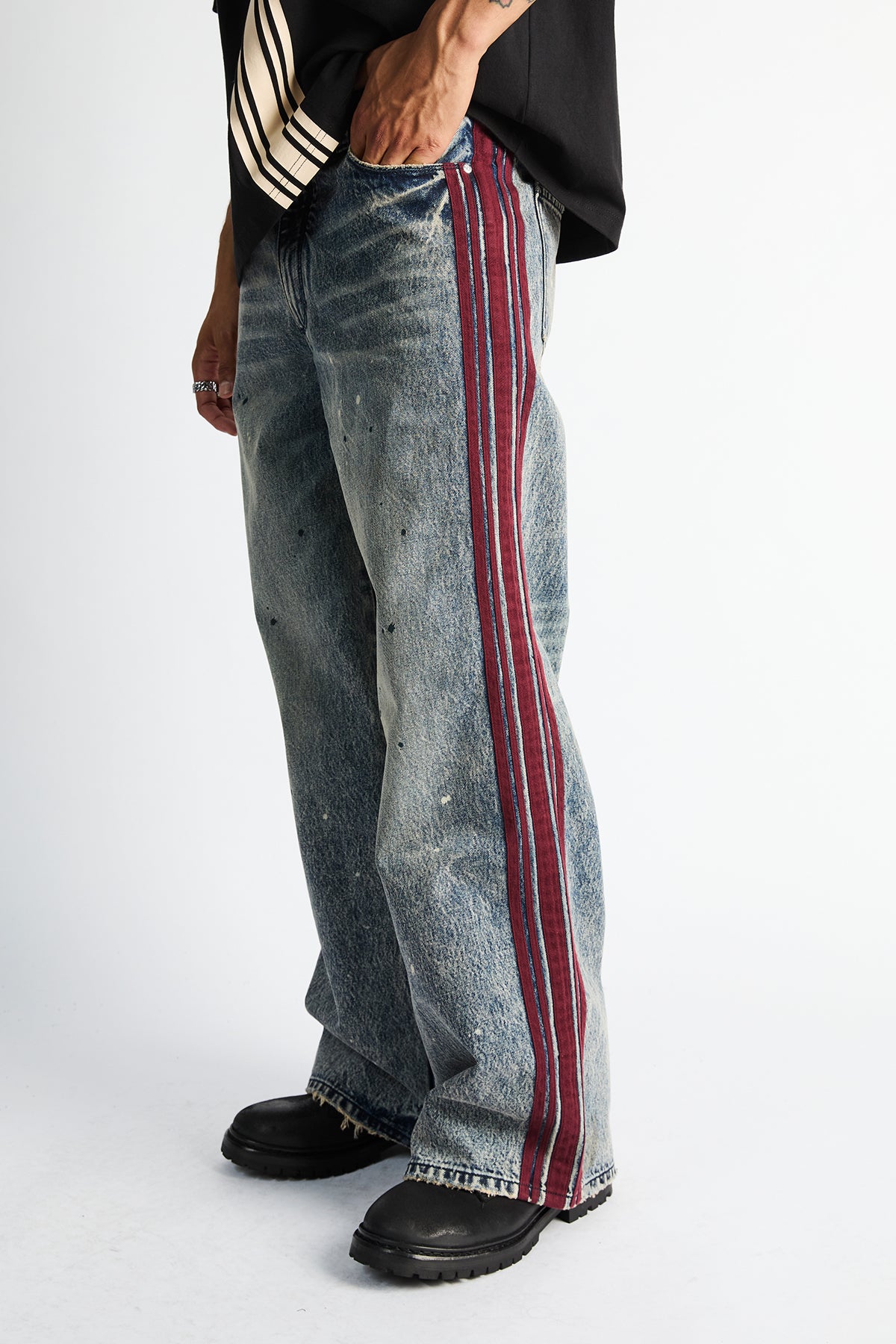 Franco Wide Leg Jean Marine Paint Stripe - On-Model Side Detail, Paint Stripe Wide Leg Jeans Men | RTA