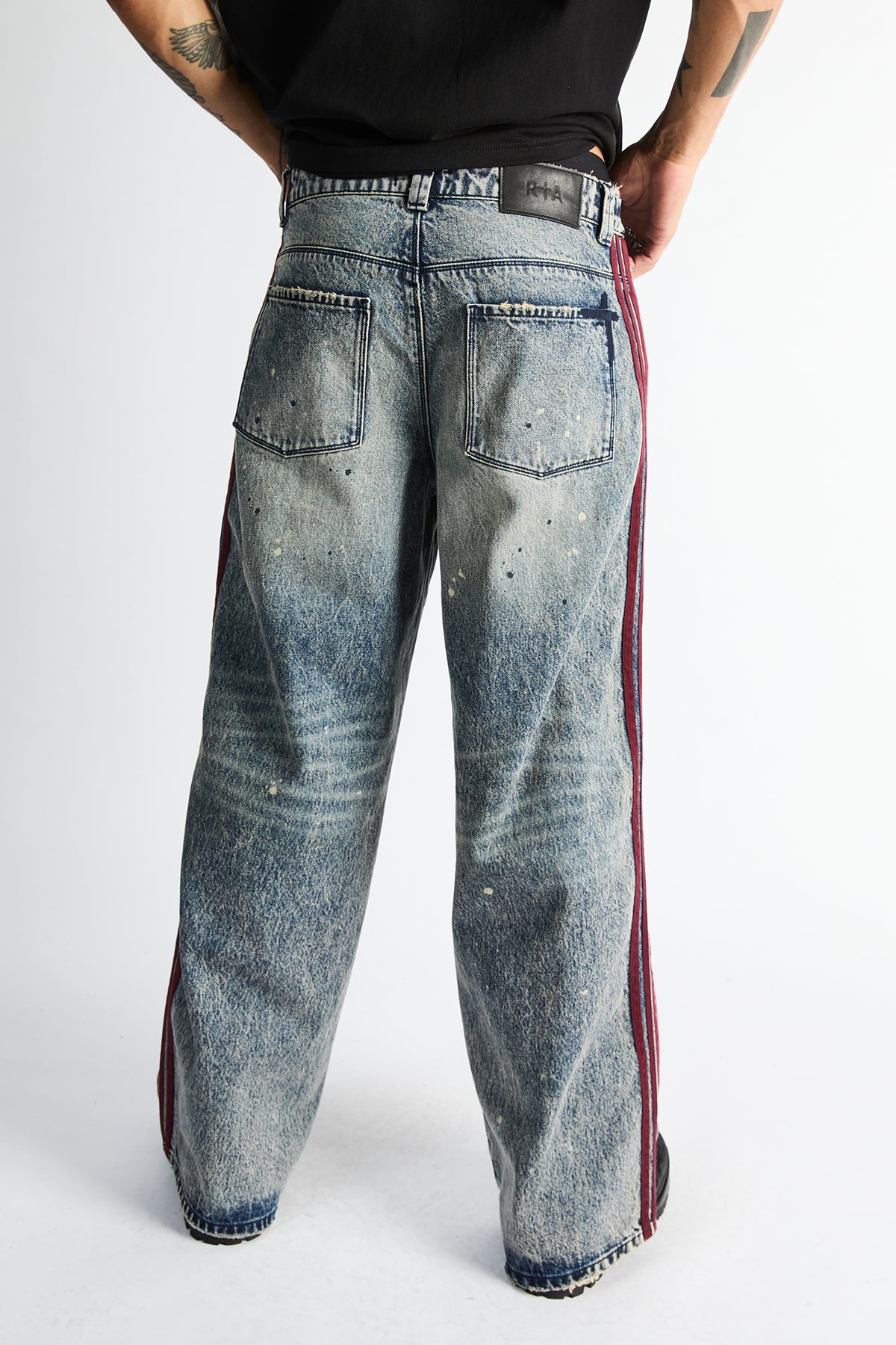 Franco Wide Leg Jean Marine Paint Stripe - On-Model Back View, Distressed Wash Wide Leg Denim | RTA