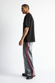 Franco Wide Leg Jean Marine Paint Stripe - Side Profile On-Model, Burgundy Stripe Streetwear Denim | RTA