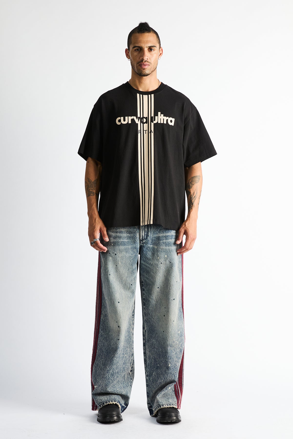 Franco Wide Leg Jean Marine Paint Stripe - Full Front On-Model View | RTA