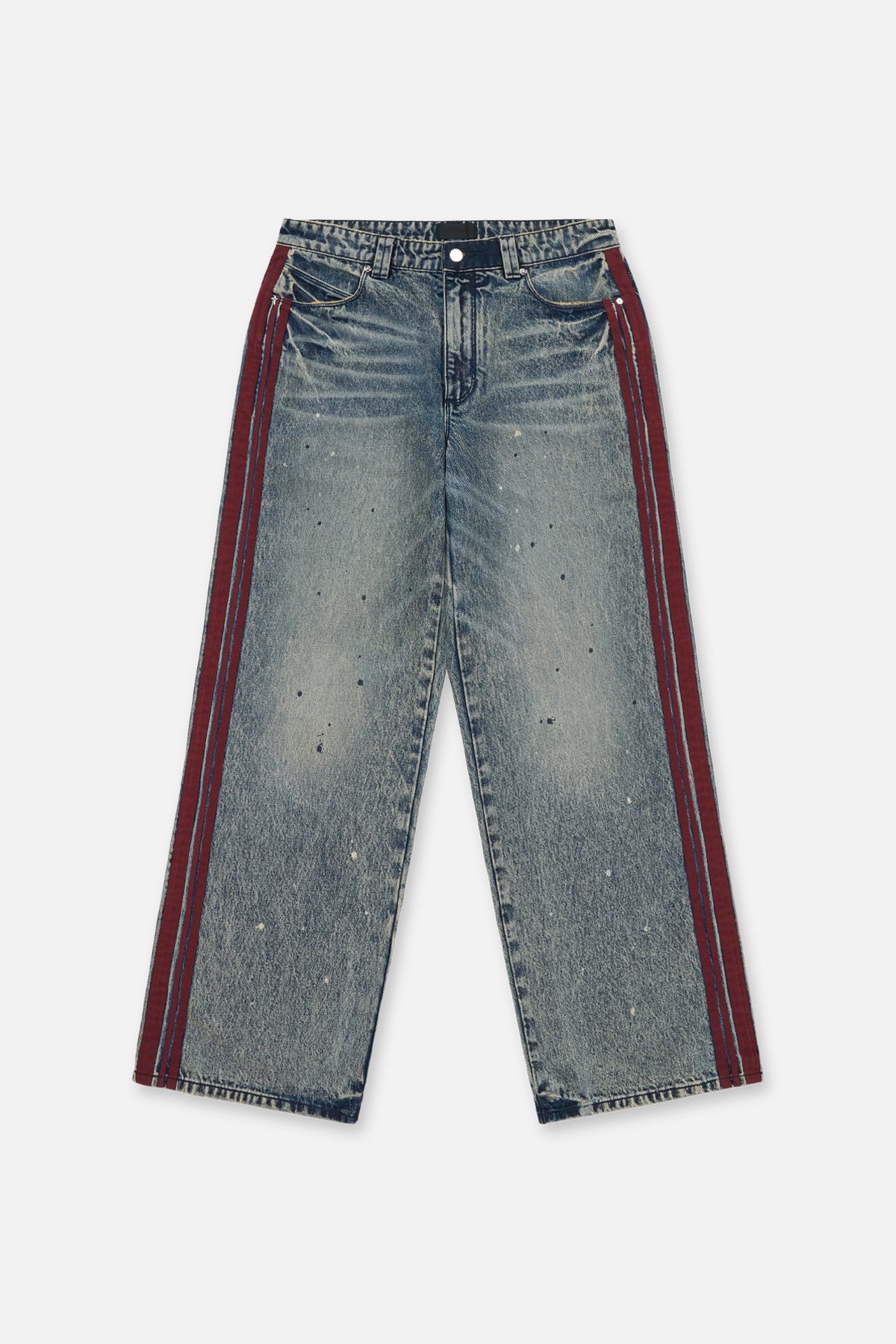 Franco Wide Leg Jean Marine Paint Stripe - Front Flat Lay, Burgundy Side Stripe Denim | RTA