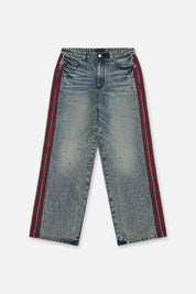 Franco Wide Leg Jean Marine Paint Stripe - Front Flat Lay, Burgundy Side Stripe Denim | RTA