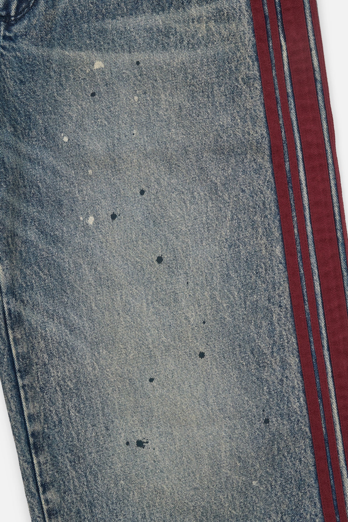 Franco Wide Leg Jean Marine Paint Stripe - Close-Up Denim Texture, Burgundy Stripe & Paint Splatter | RTA