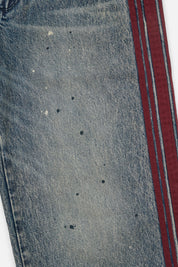 Franco Wide Leg Jean Marine Paint Stripe - Close-Up Denim Texture, Burgundy Stripe & Paint Splatter | RTA