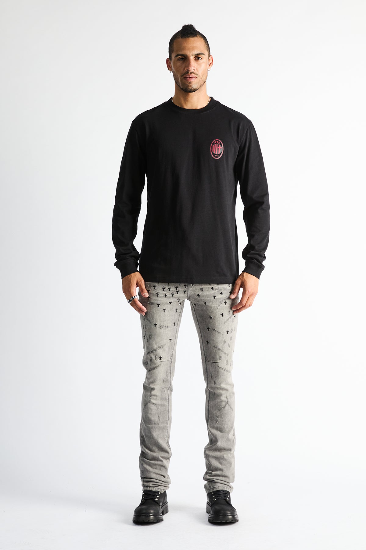 RTA Olivier Stacked Skinny Jean Smoky Rinse Allover Cross - On Model Front View | RTA
