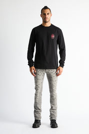 RTA Olivier Stacked Skinny Jean Smoky Rinse Allover Cross - On Model Front View | RTA