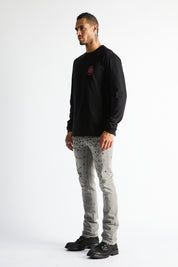 RTA Olivier Stacked Skinny Jean Smoky Rinse Allover Cross - On Model Side Profile View | RTA