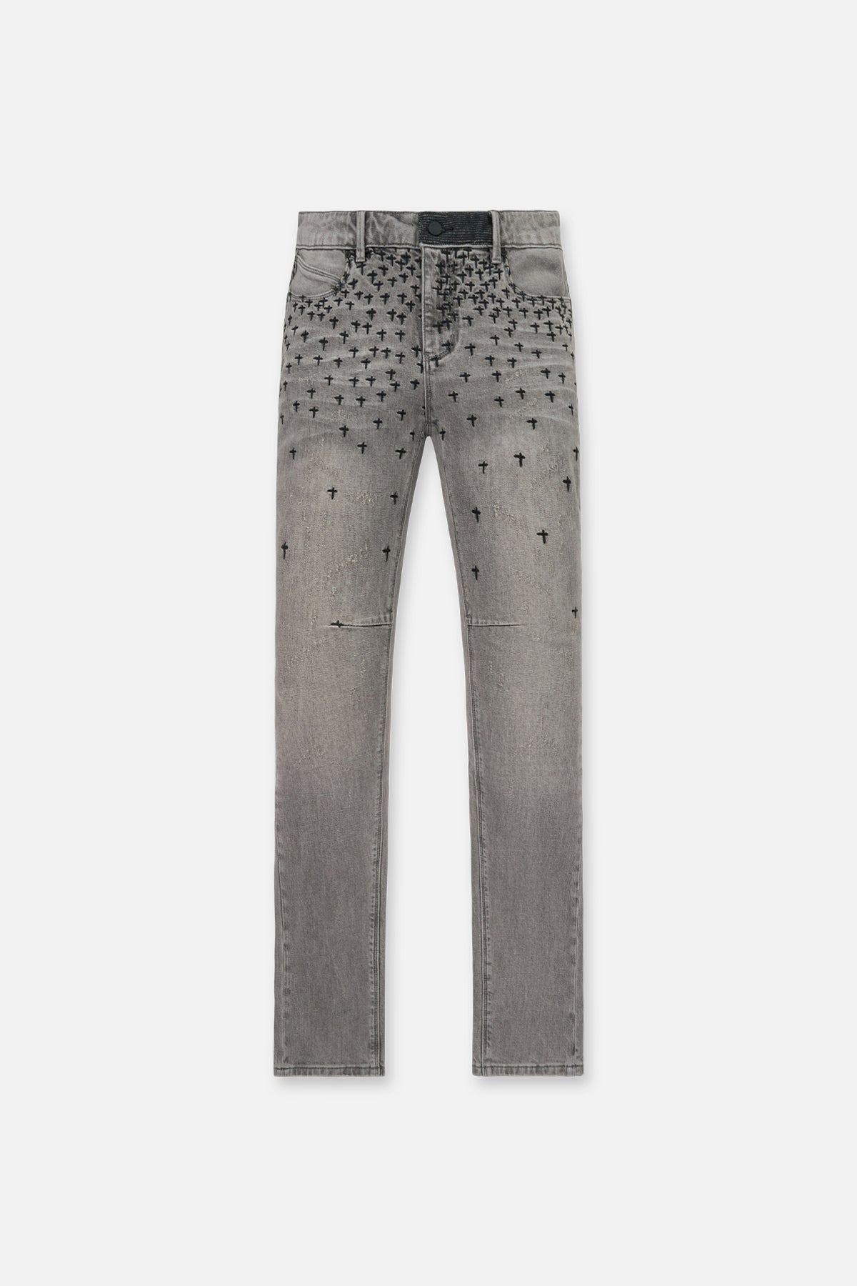 RTA Olivier Stacked Skinny Jean Smoky Rinse Allover Cross - Flat Lay Front, Grey Denim Cross Motif | RTA