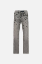 RTA Olivier Stacked Skinny Jean Smoky Rinse Allover Cross - Flat Lay Front, Grey Denim Cross Motif | RTA