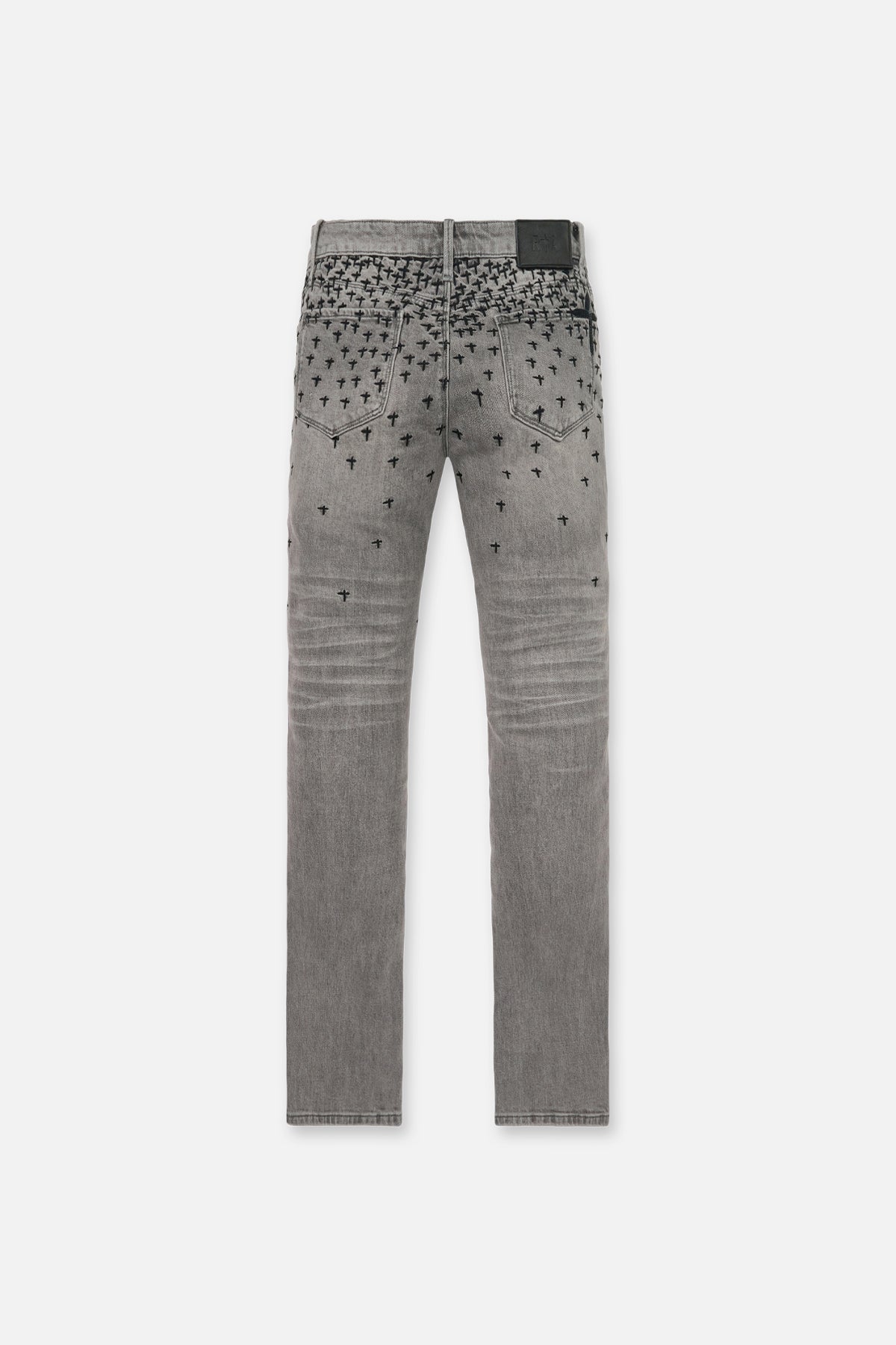 RTA Olivier Stacked Skinny Jean Smoky Rinse Allover Cross - Flat Lay Back View, Cross Motif | RTA