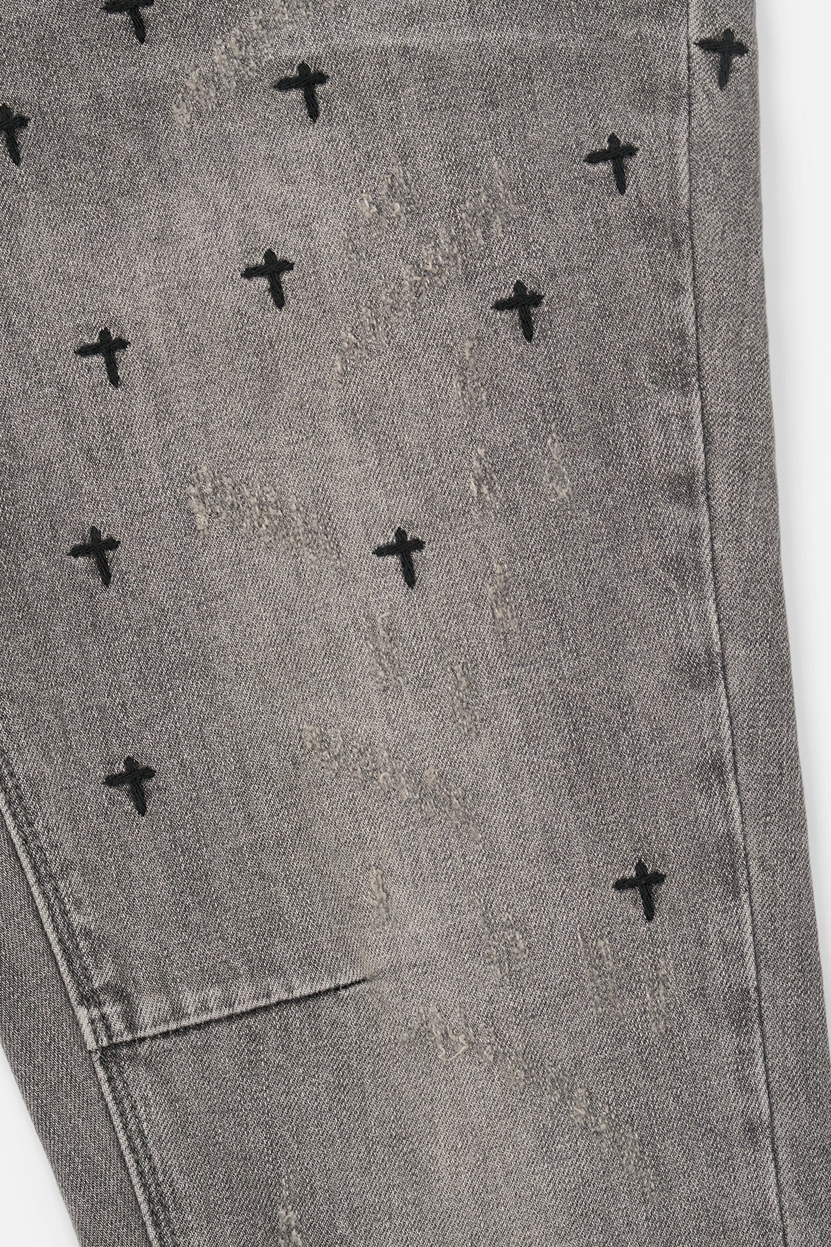 RTA Olivier Skinny Jean Smoky Rinse - Thigh Close-Up, Allover Cross Motif and Distressed Denim Detail | RTA