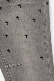 RTA Olivier Skinny Jean Smoky Rinse - Thigh Close-Up, Allover Cross Motif and Distressed Denim Detail | RTA