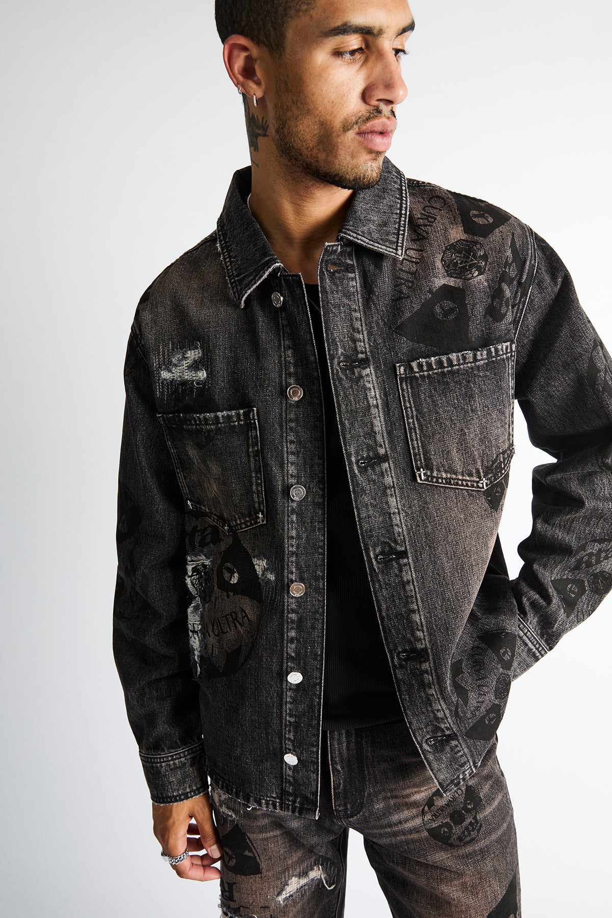 RTA Norris Denim Shacket Charcoal Ember Allover Soccer - On Model Front Three-Quarter View | RTA