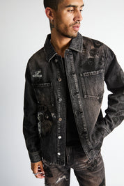 RTA Norris Denim Shacket Charcoal Ember Allover Soccer - On Model Front Three-Quarter View | RTA