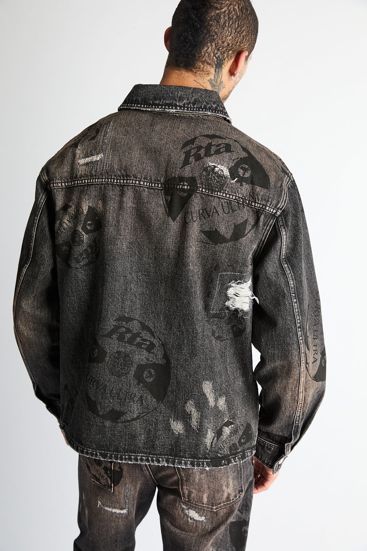 RTA Norris Denim Shacket Charcoal Ember Allover Soccer - On Model Back View, Graphic Print Streetwear | RTA