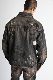 RTA Norris Denim Shacket Charcoal Ember Allover Soccer - On Model Back View, Graphic Print Streetwear | RTA