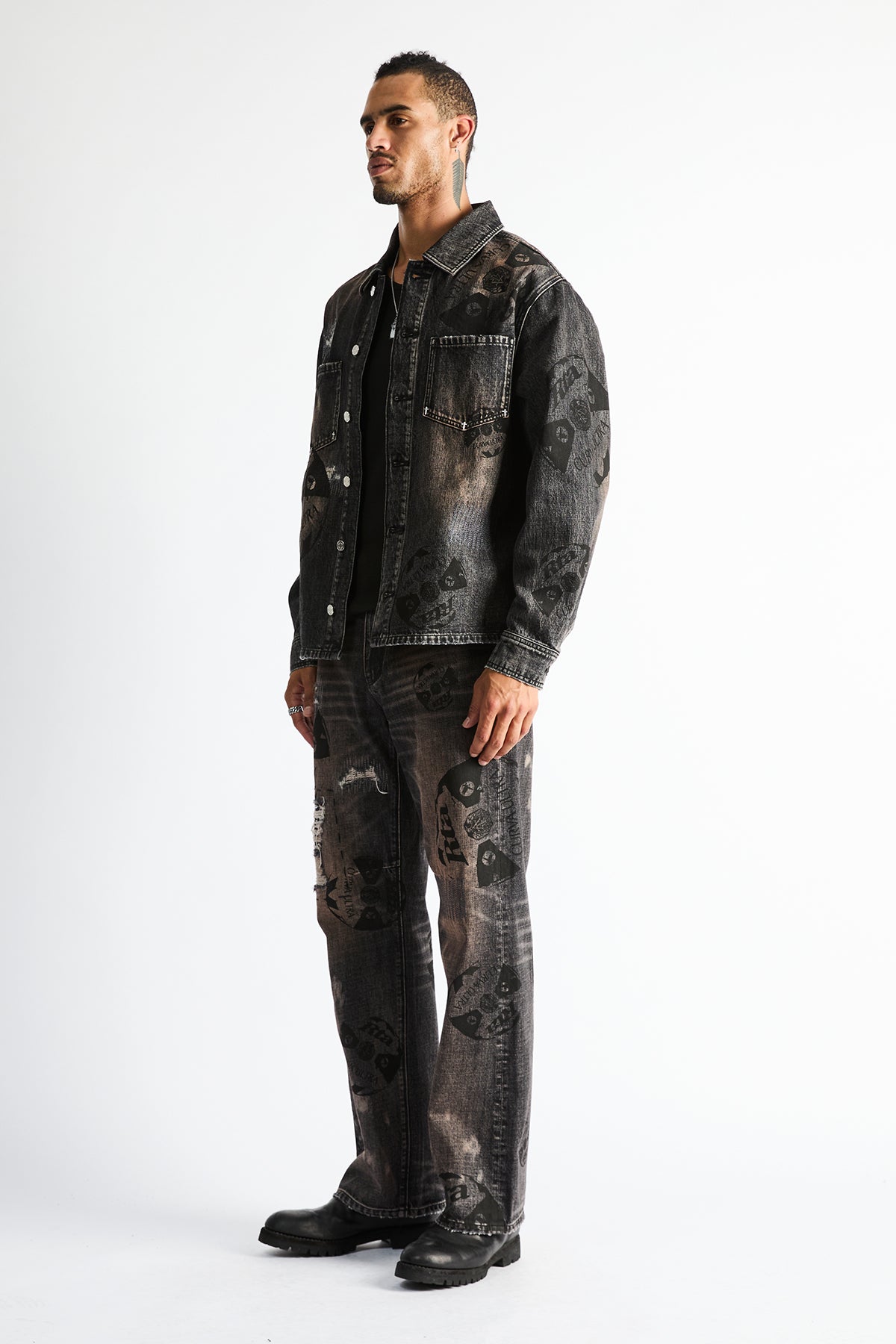 RTA Norris Denim Shacket Charcoal Ember - On Model Side Profile View, Allover Soccer Graphic Print | RTA