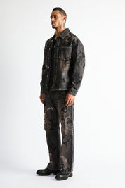 RTA Norris Denim Shacket Charcoal Ember - On Model Side Profile View, Allover Soccer Graphic Print | RTA