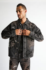 RTA Norris Denim Shacket Charcoal Ember - On Model Styled Open, Distressed Denim Shacket Detail | RTA