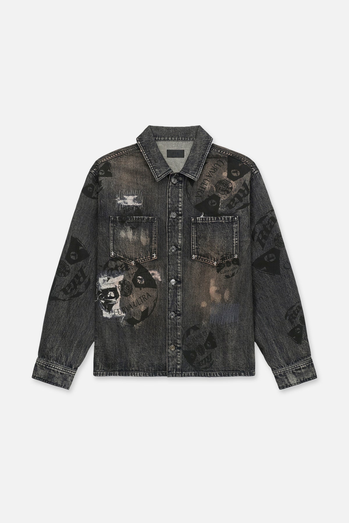 RTA Norris Denim Shacket Charcoal Ember Allover Soccer - Flat Lay Front View, Distressed Graphic Print | RTA