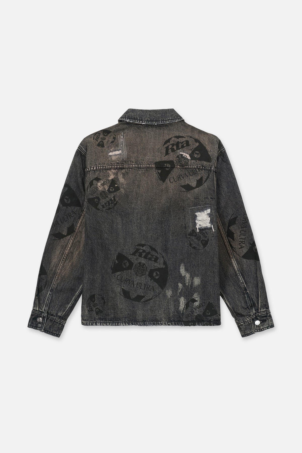 RTA Norris Denim Shacket Charcoal Ember Allover Soccer - Flat Lay Back View, Allover Graphic Print | RTA
