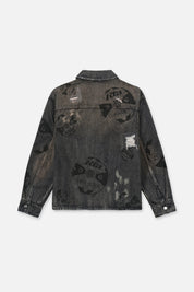 RTA Norris Denim Shacket Charcoal Ember Allover Soccer - Flat Lay Back View, Allover Graphic Print | RTA