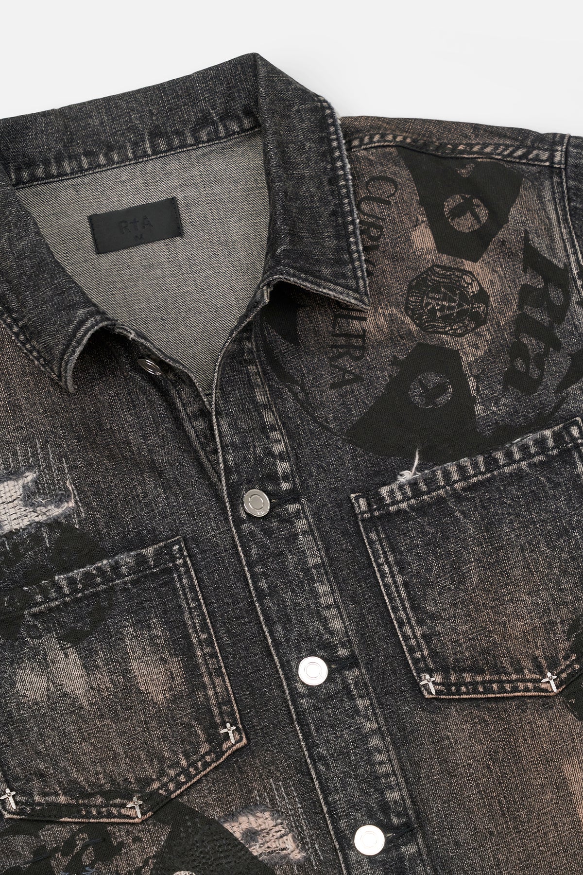 RTA Norris Denim Shacket Charcoal Ember - Close-Up Collar and Cross Rivet Hardware Detail | RTA