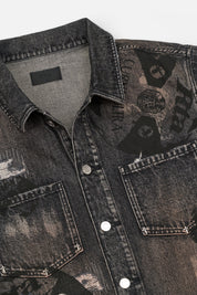 RTA Norris Denim Shacket Charcoal Ember - Close-Up Collar and Cross Rivet Hardware Detail | RTA