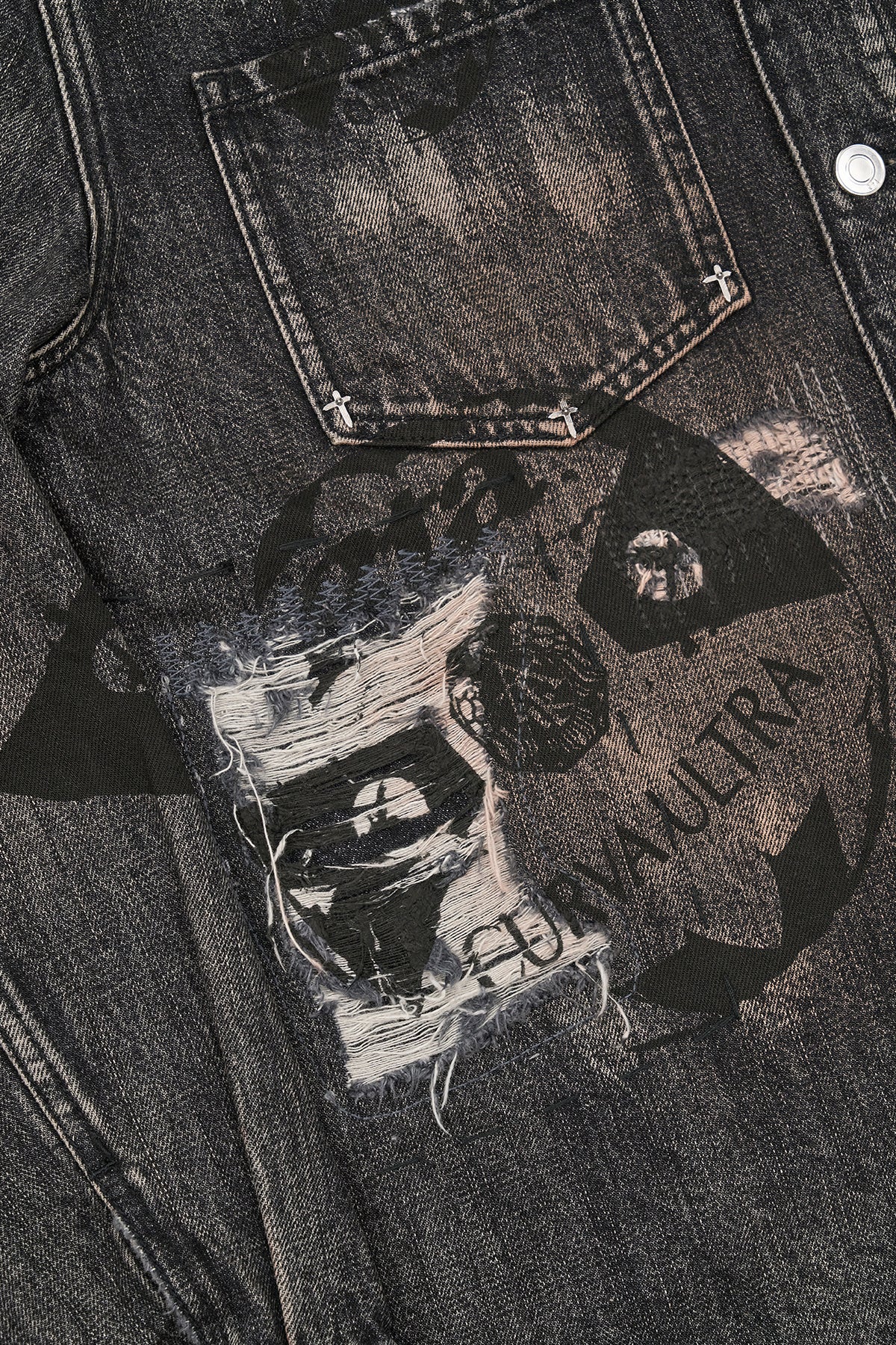 RTA Norris Denim Shacket Charcoal Ember - Close-Up Distressed Graphic and Cross Rivet Detail | RTA