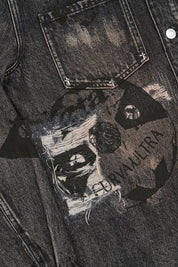 RTA Norris Denim Shacket Charcoal Ember - Close-Up Distressed Graphic and Cross Rivet Detail | RTA