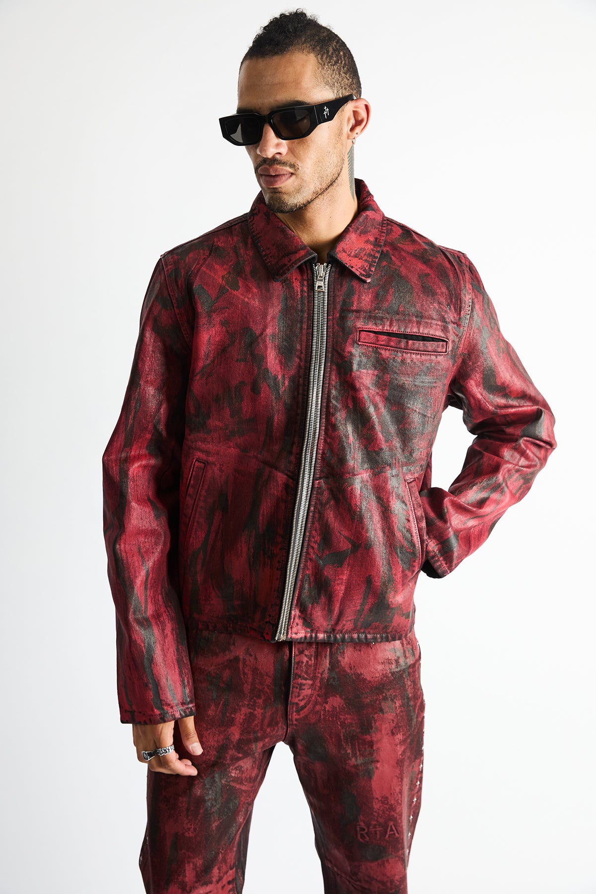 Red Black Destroyed Wash Apollo Fitted Classic Jacket - Front On Model | RTA
