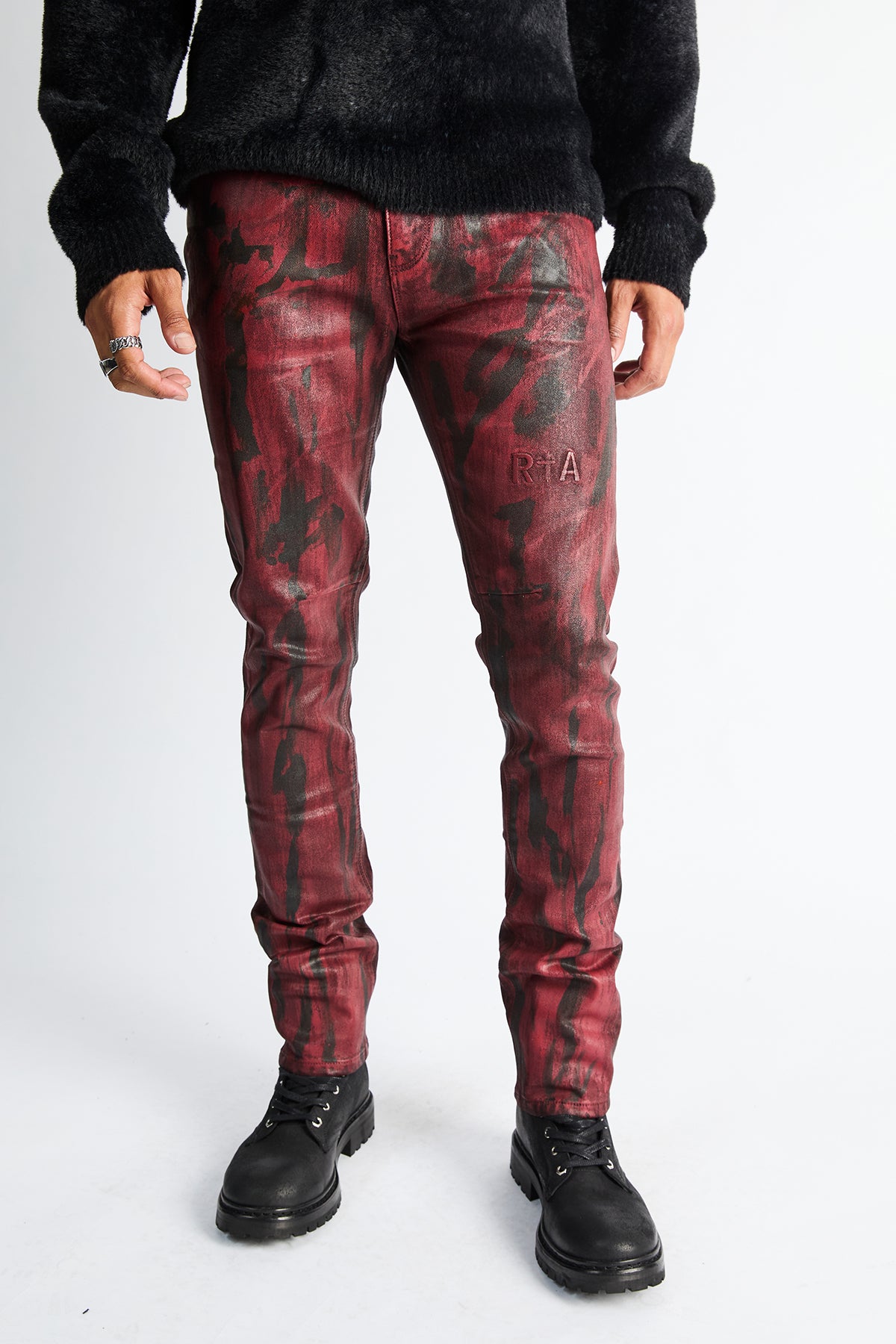RTA Bryant Skinny Jean Black Eclipse - Red Wax Coated Denim, Waist-Down Front Detail | RTA