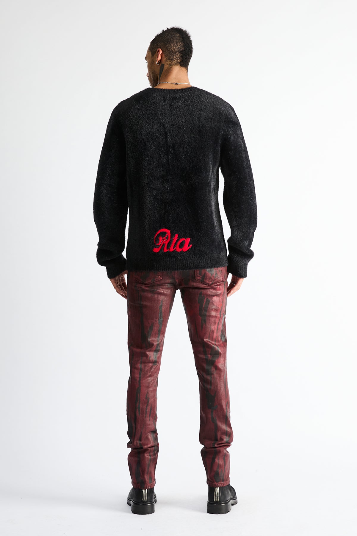 RTA Bryant Skinny Jean Black Eclipse - Red Wax Coated Denim, On-Model Back View | RTA