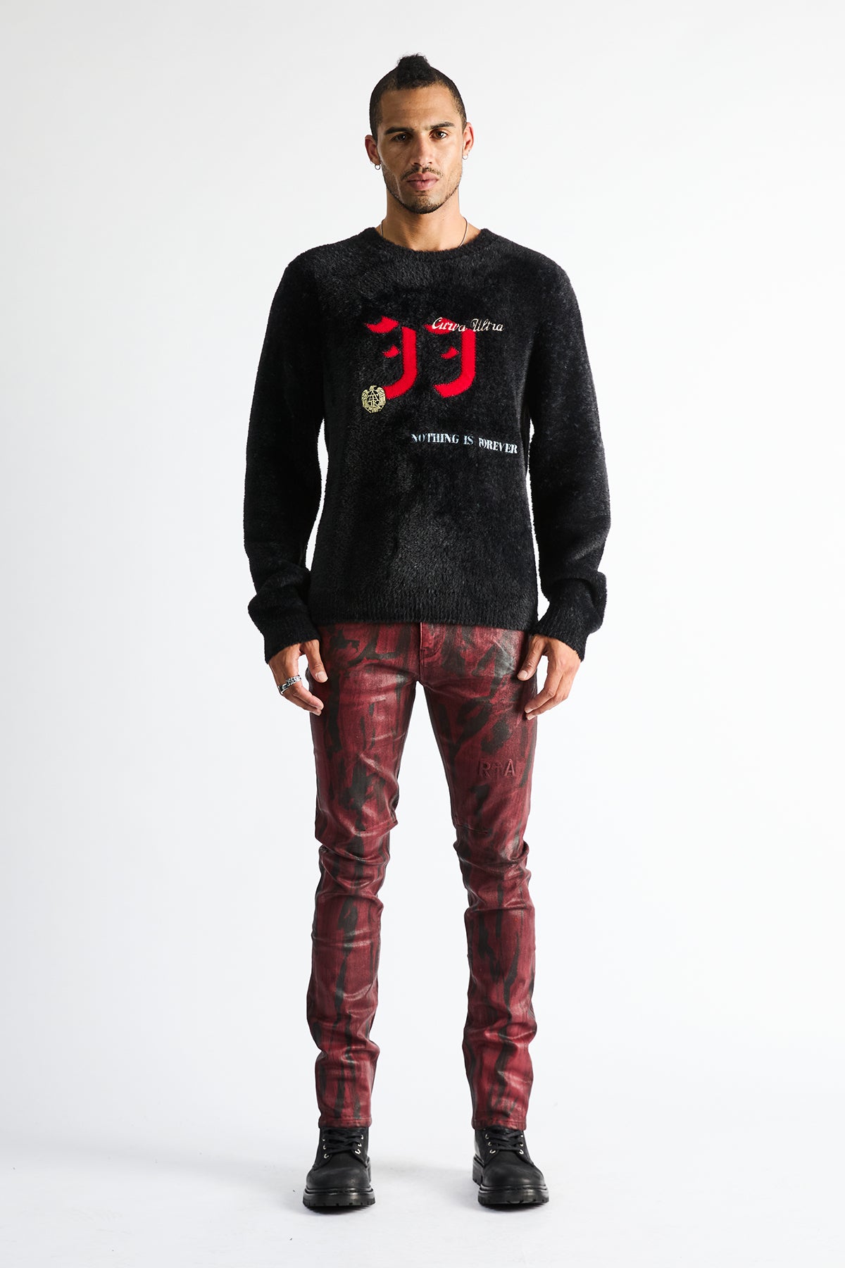 RTA Bryant Skinny Jean Black Eclipse - Red Wax Coated Graphic Denim, On-Model Front View | RTA