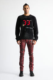 RTA Bryant Skinny Jean Black Eclipse - Red Wax Coated Graphic Denim, On-Model Front View | RTA