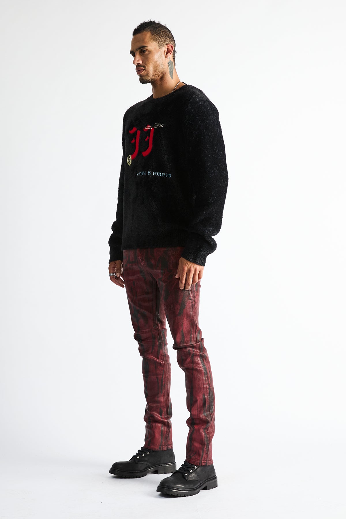 RTA Bryant Skinny Jean Black Eclipse - Red Graphic Wax Denim, On-Model Side Profile | RTA